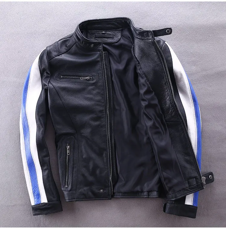 New Men Genuine Mortorcycle Leather Jacket Fashion Spliced Cowhide Biker Jackets Free Shipping
