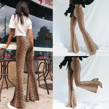 

Bohemian Women Hippie High Waist Wide Leg Long Leopard Print Bell Bottom Pants S M L US