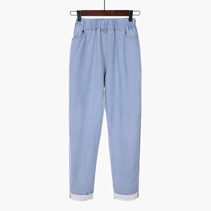 Кружевные джинсы, женские свободные повседневные штаны-шаровары с эластичной резинкой на талии, рваные джинсы для женщин, мягкие джинсы для мам, большие размеры 5XL, синие джинсы с бахромой