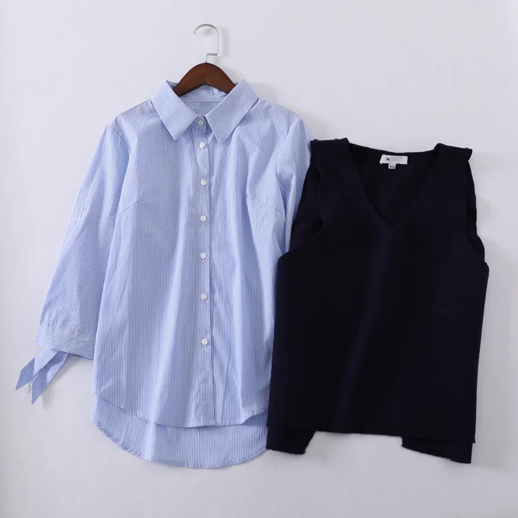 

One's Spring Thin Stripe Two-Piece Set Bandage Cloth Long Sleeve Women's Versatile Shirt Shirt Entity