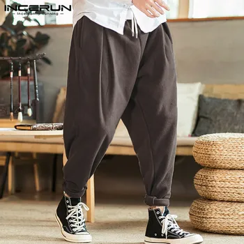 

INCERUN Fashion Men Harem Pants Joggers Solid Color Streetwear Drawstring Casual Loose Trousers Men Fleece Warm Pants Plus Size