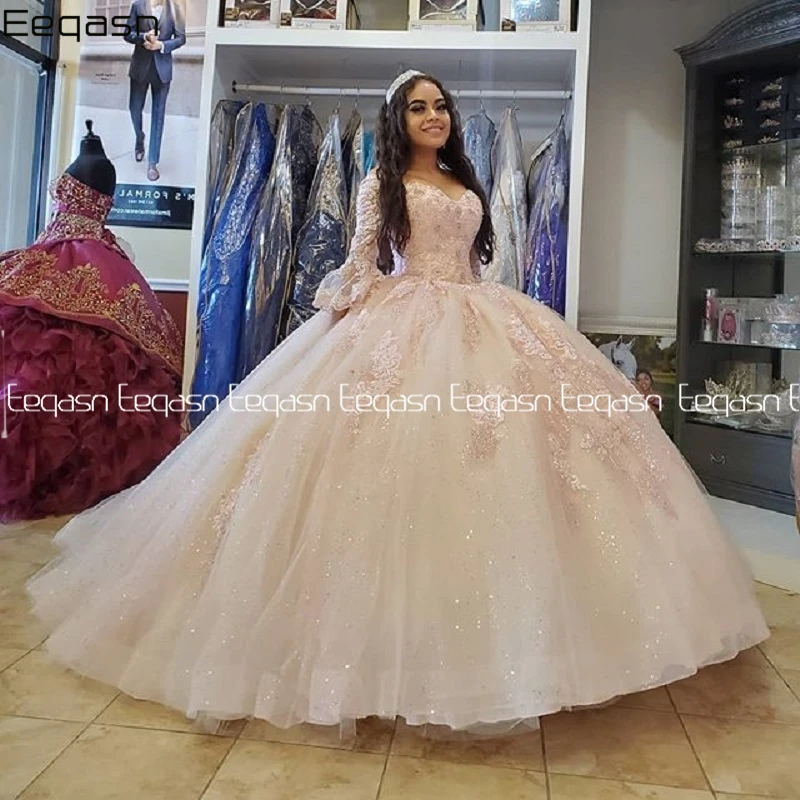 Luxury Sparkly Ball Gown Quinceanera Dresses  Princess Lace Long puffy Sleeve robe vestidos de 15 años Prom Gown images - 6