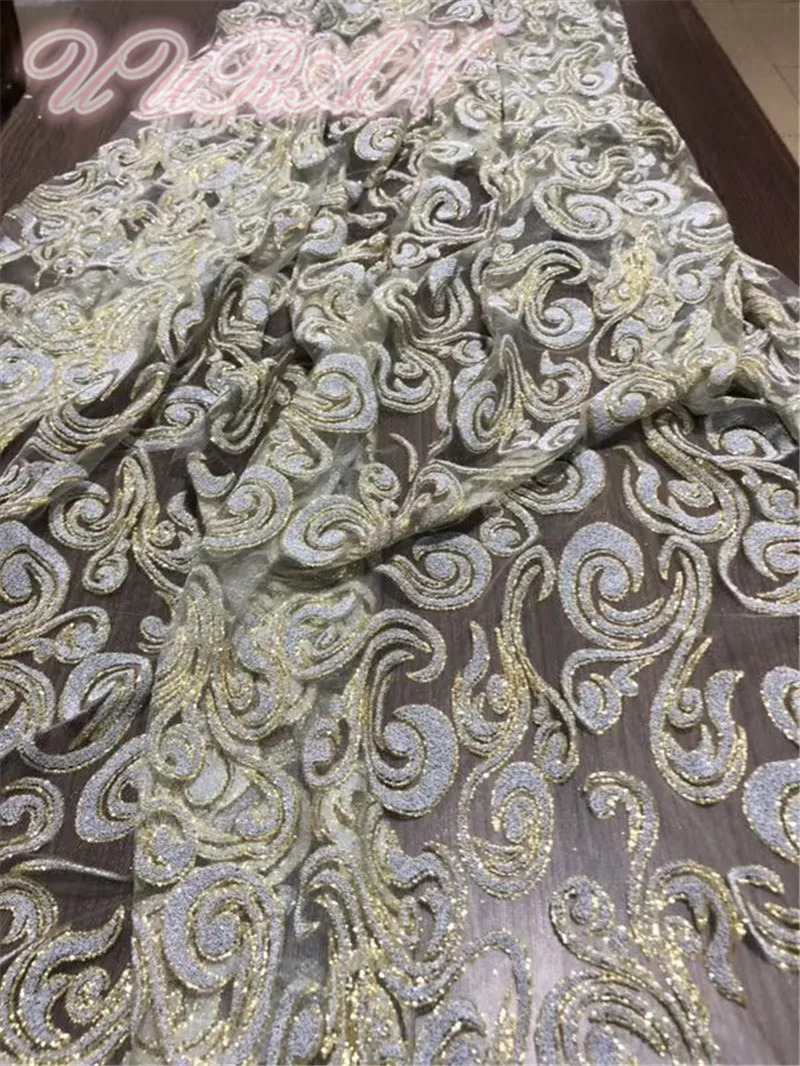

2019 Latest French Nigerian Laces Fabrics High Quality African Laces Fabric Wedding Beaded Glued glitter sequins Tulle Lace