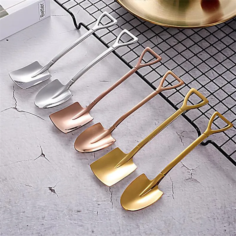 2PCS/set Stainless Steel Iron Shovel Spoon Coffee Ice Cream Spoon Engineering Shovel Retro Cute Square Head Spoon Kitchen Gadget