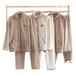 Japanese Solid Color Cute Pajamas Set Flannel Thick Couple Home Wear Long Sleeve Trouser Home Service for Women Winter Sleepwear