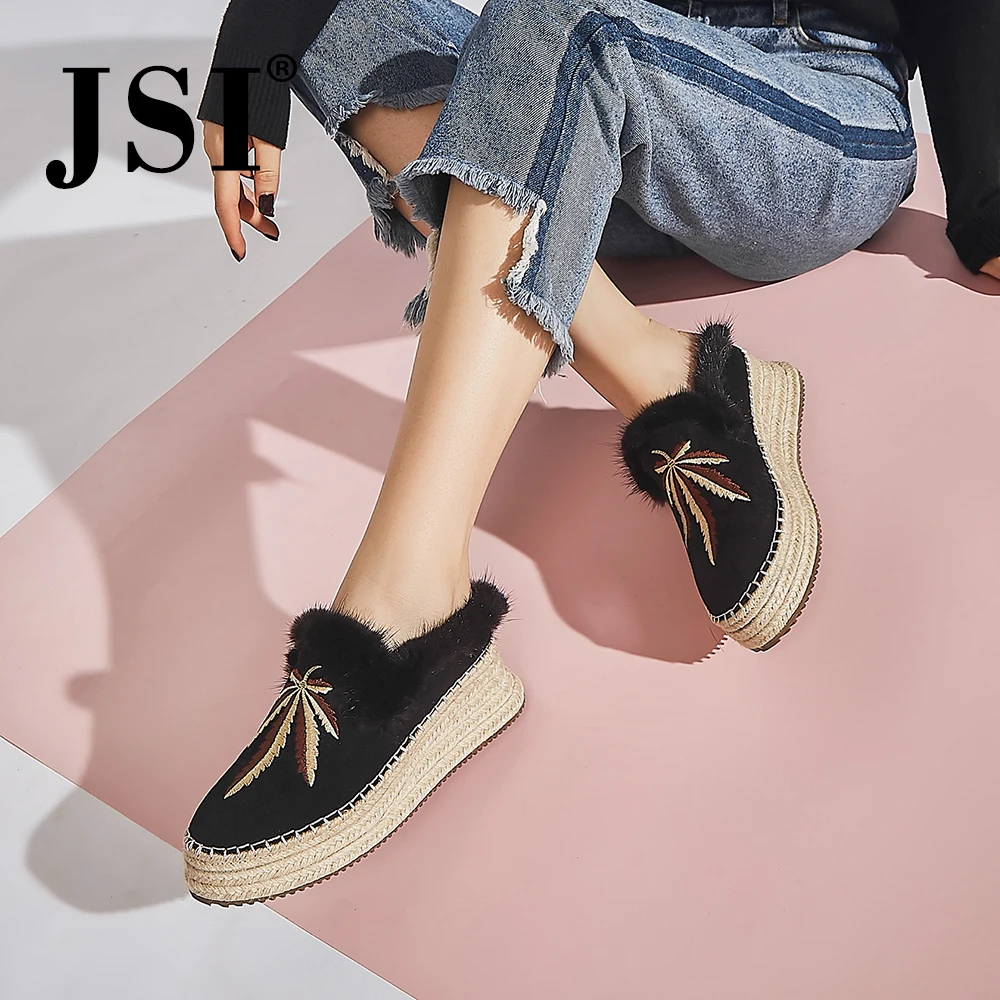 

JSI Winter New Casual Flats Straw British Slip-on Women Shoes Comfortable Warm Genuine Leather Wedge Platform Shoes JO392