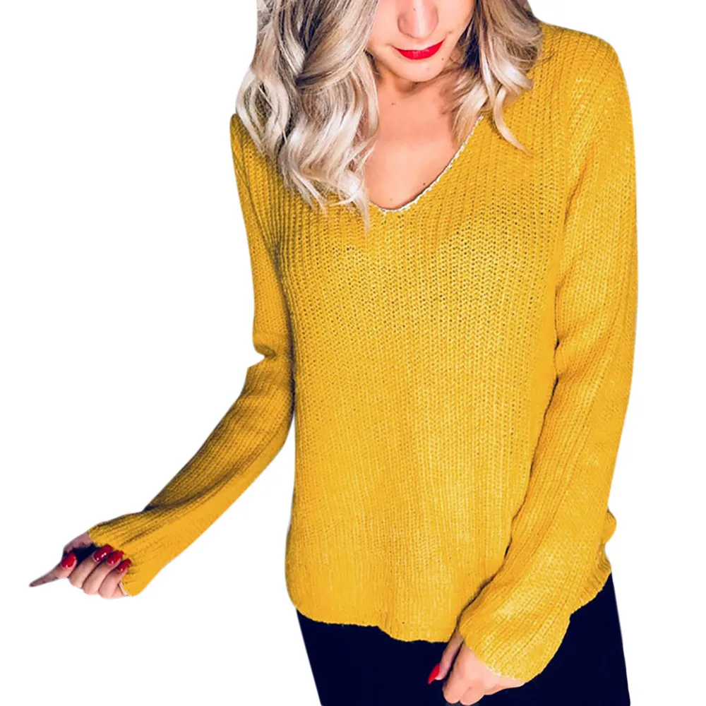 

Jaycosin Fashion Women Casual Simple Solid Color Knit Open Back Sweater Stylish Comfortable Elegant Soft Pullover Top Blouse