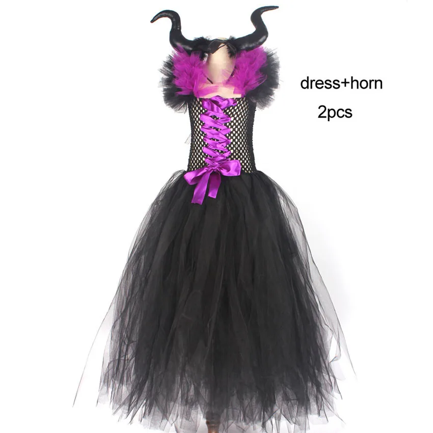 dress and horn Maleficent/платье-пачка черного ангела; нарядный костюм на Хэллоуин для девочек; платье; Nina Vestidos Disfraz; одежда Феи; карнавальный халат для малышей - Цвет: dress and horn