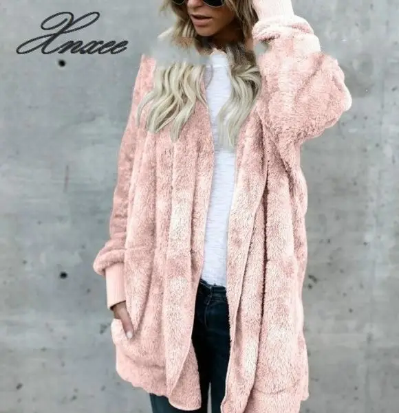 Осенне-зимний женский длинный кардиган большого размера с капюшоном, Повседневные свитера с длинным рукавом, женское однотонное Свободное пальто большого размера Xnxee S-5XL - Цвет: Розовый