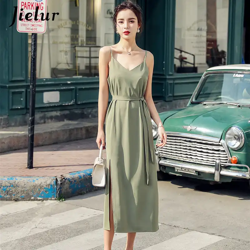 Jielur Mousseline De Soie Spaghetti Robe A Bretelles Femme Sexy Cote Fendu Col En V Robe Droite Femmes Elegant Fete Plage Vestidos Ete Nouveau Aliexpress