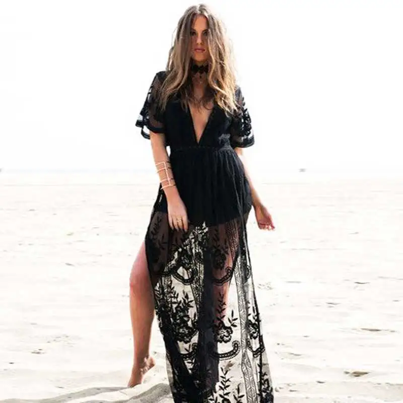 Богемный Вдохновленный Черная Кружевная туника, летнее пляжное платье для женщин с глубоким v-образным вырезом и вышивкой, боковое богемное Платье-туника для женщин