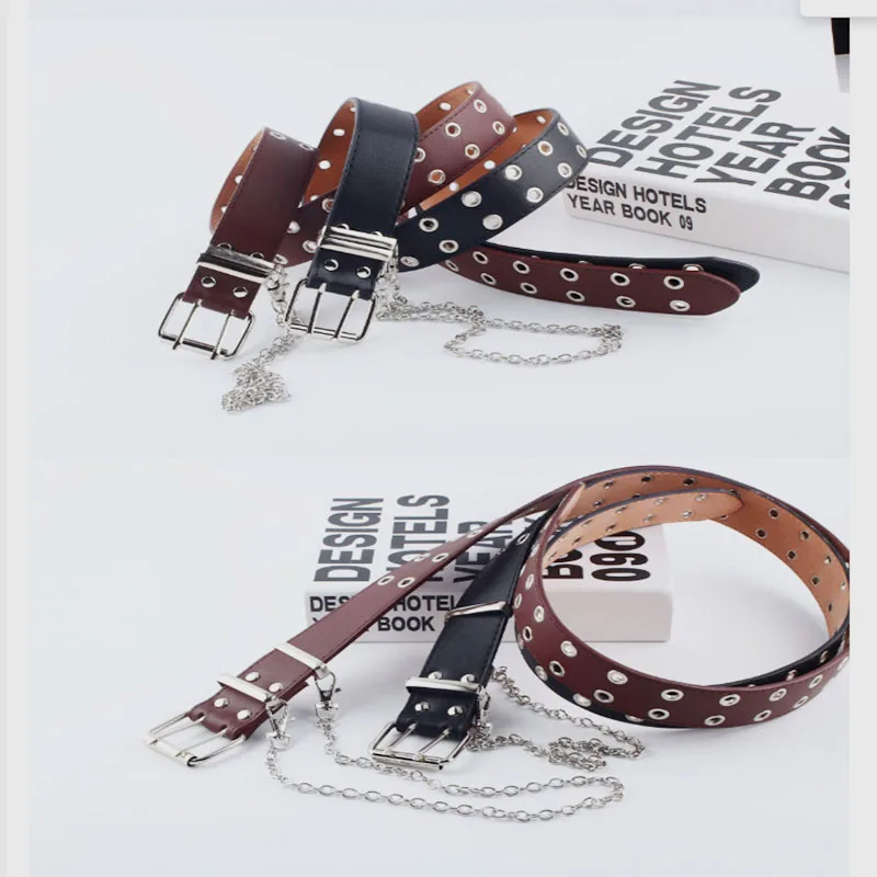 

Women Punk Chain Fashion Belt Adjustable Black Double/Single Eyelet Grommet Leather Buckle Belt
