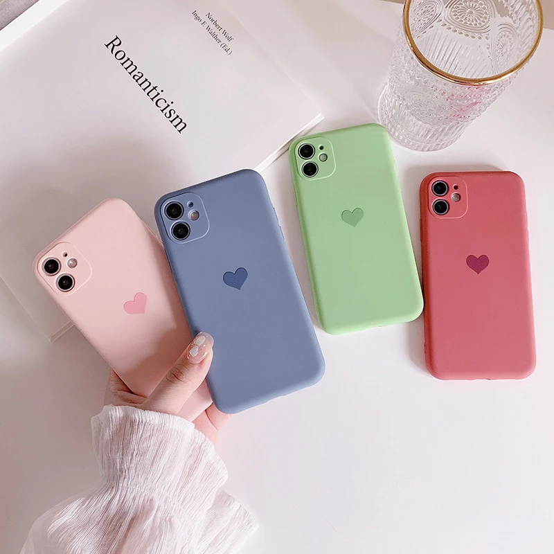 Korean Solid Candy Color Love Heart Phone Case For Iphone 12 Mini 11 Pro Max Xr Xsmax 13 7 8puls Cases Soft Silicone Cover Funda Phone Case Covers Aliexpress