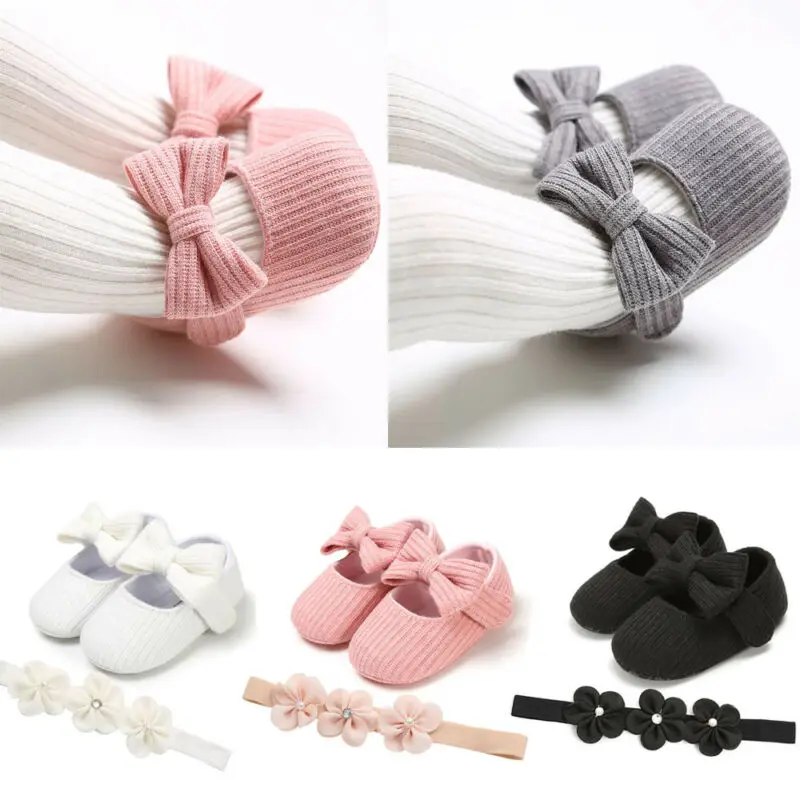 2019 Baby First Walkers Toddler Girl Crib Shoes Baby Bowknot Soft Sole Prewalker Dress Solid Shoes + Headband 2Pcs