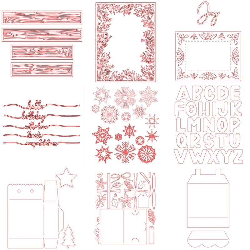 

Slimline Metal Cutting Dies Hollow Square Photo Frame Capital Alphabets Words Line Snowflake 3D Present Box DIY Paper 2020