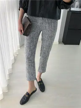 

Women Tweed Ankle-length Pants Straight Casual Ladies Trousers with Pockets 2020 New