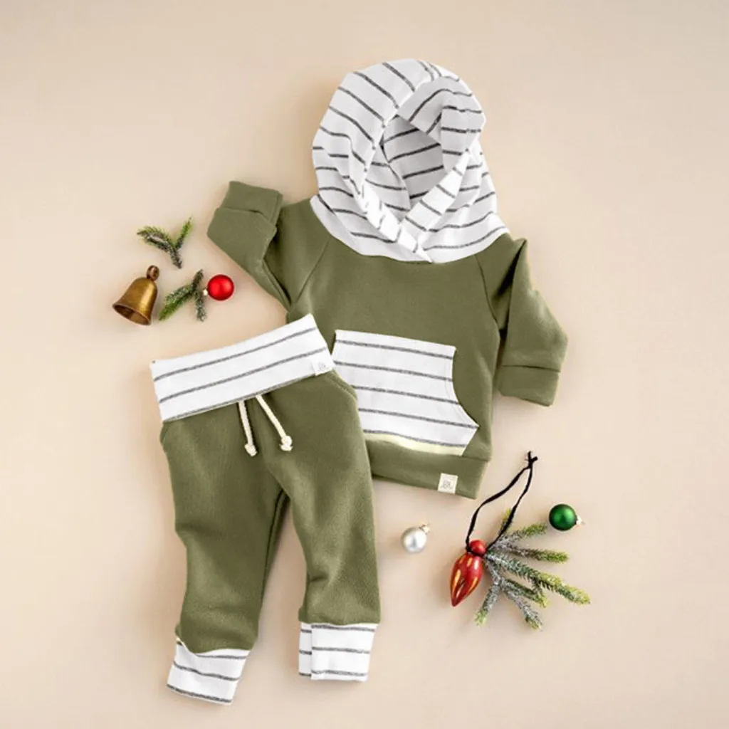 Новое поступление, комплект детской одежды для маленьких мальчиков и девочек, пуловер в полоску с длинными рукавами и капюшоном топы, штаны, одежда roupa menina