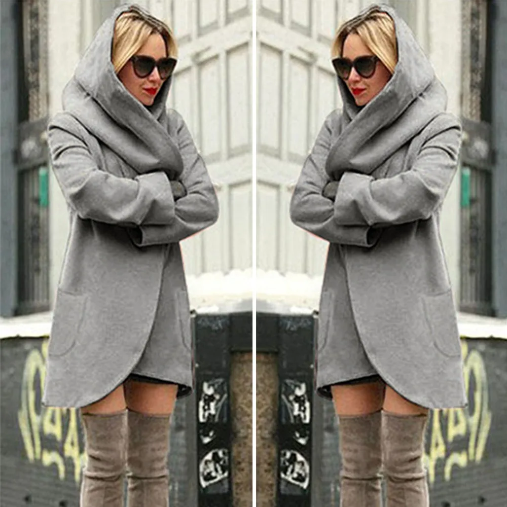 Женское однотонное тонкое пальто с капюшоном женское Шерстяное винтажное свободное теплая куртка с капюшоном Повседневная ветровка теплое пальто d2