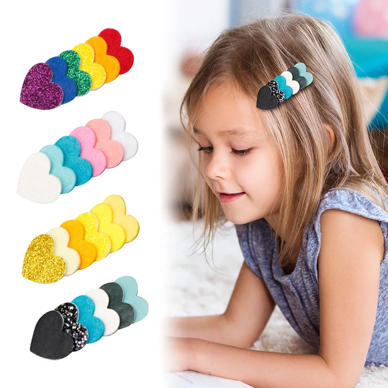 

Love Heart Girls Hair Clips Sequins Glitter Non-woven Fabric Rainbow Hairpins Candy Color Kids Hairgrips Lovely Hair Accessories