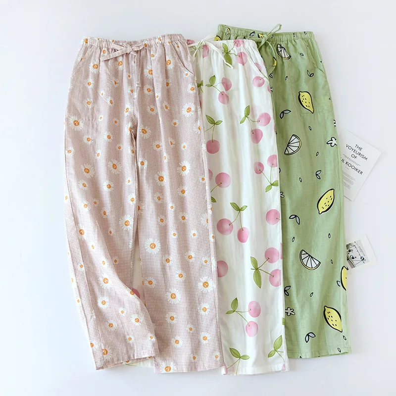 Japanese new spring and summer trousers ladies 100% cotton crepe thin  pajamas solid color fresh closing home pants cute bottoms - AliExpress