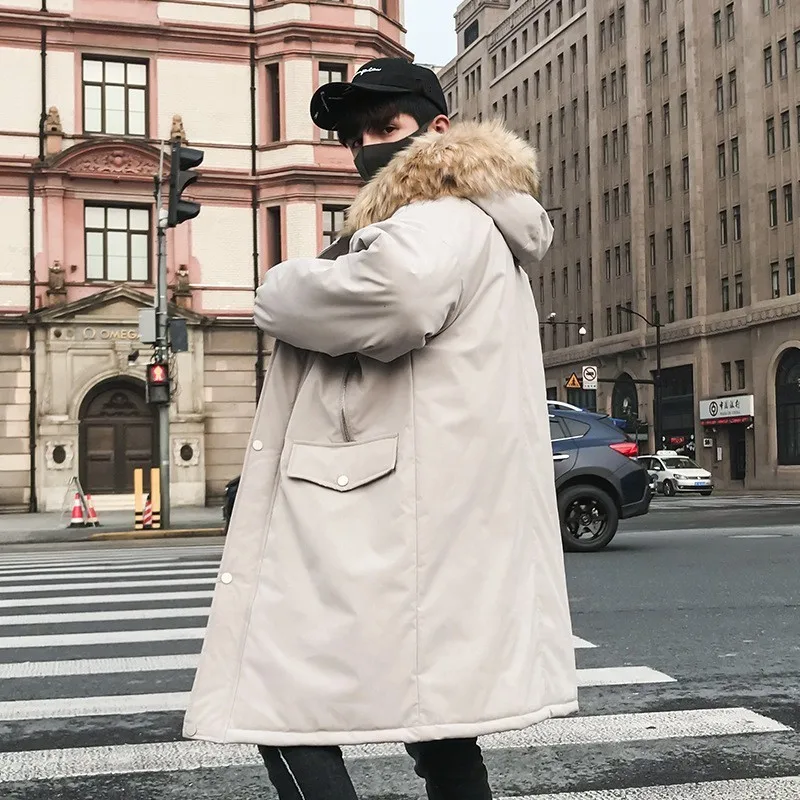 

Winter Mens Thick Padded Long Jacket Fur Collar Hoody Parka Loose Fit Down Cotton Outwear Overcoat Solid Color Casual Parkas