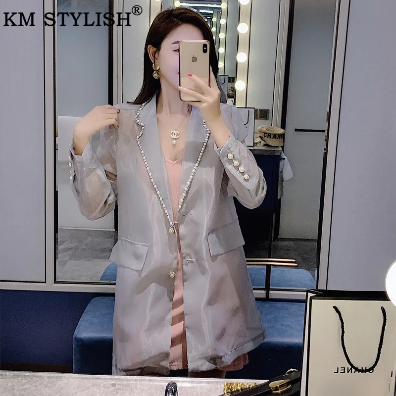 

Women's Blazer 2019 Autumn New Grey Thin Long section Long-sleeved Blazer Female Mid-length Pearl Organza Mesh Jacket
