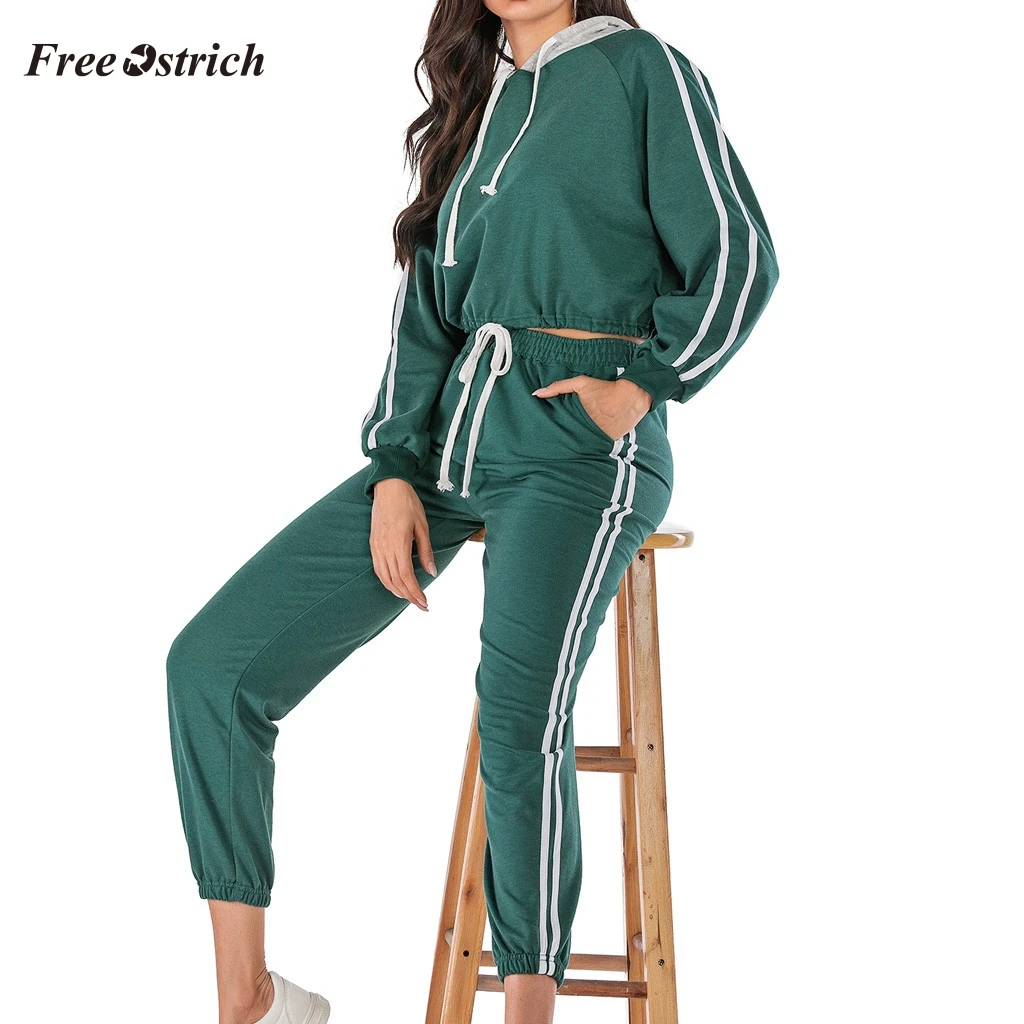 

FREE OSTRICH Tracksuit Women Long Sleeve Hooded Striped Print Long Trouser two piece set top and pants Sportsuite for women 730