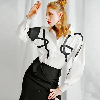 

iMucci vintage Shirt Female 2020 Summer New Arrivals Geometric Graffiti Loose Large Sleeves Silhouette Top TM2469