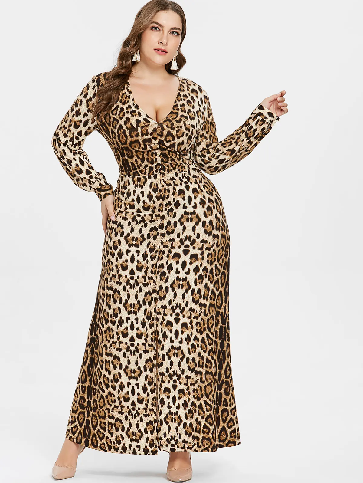 

Rosegal Large Size Sexy Leopard Dress Women V Neck Long Sleeves Ankle-Length Dress Vestido Casual Autumn Ladies Big Size Dress