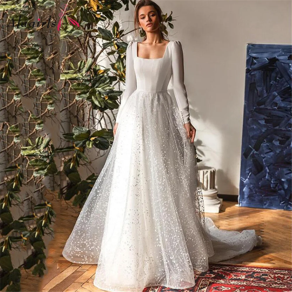 『Cheap!!!』- Alagirls Ivory Boho Wedding Dress 2021 A Line Lace Bride
Dresses Long Sleeve Square Neck Wedding Party Gowns robes de mariage