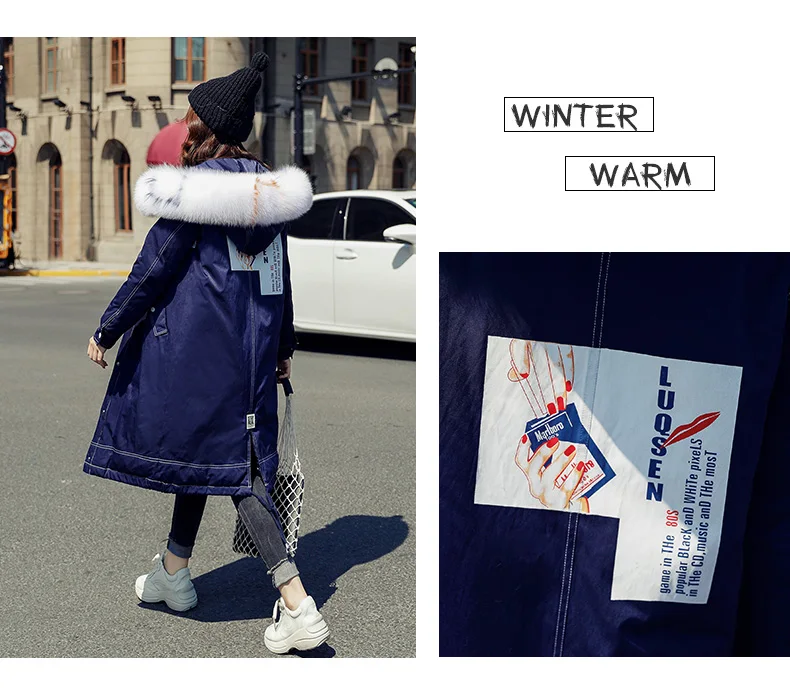 Western Style Large Fur Collar down Jacket Women's Mid-length Winter Loose Thick Warm over-the-Knee White Duck down Coat Fa