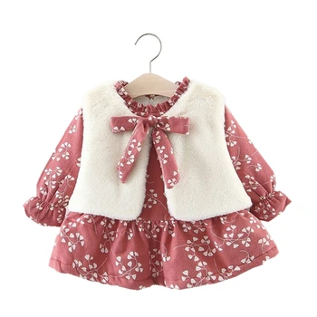 

Infant Girl Velvet Dress With Fur Vest Toddler Kids Cotton Flannel Princess Dresses Winter Baby Girl Thicken Floral Casual Dress