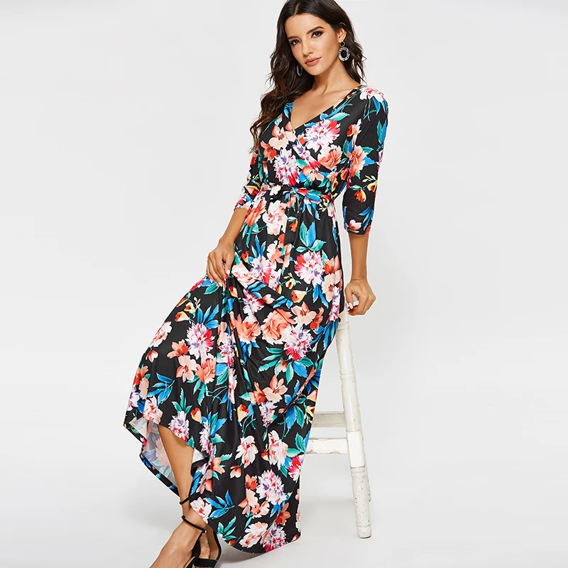

Long Maxi Dress For Womens Autumn 2019 Vintage Floral Print Casual Sashes Dress Half Sleeve V Neck Boho Dresses Vestidos Largos