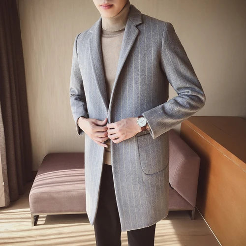 Gray stripe Мужская Американская Мода Мужской длинный Тренч шерстяное пальто высокого качества Мужское, аристократическое Полосатое однотонное пальто - Цвет: Gray stripe