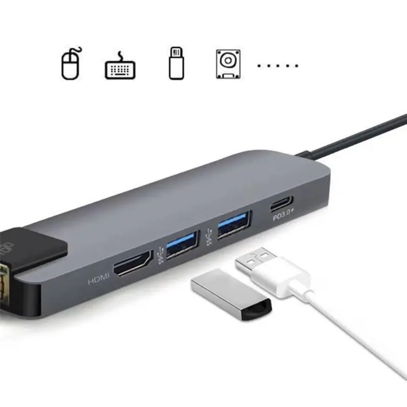 

5 in 1 USB Type C Hub Hd-mi 4K USB-C Hub to Gigabit Ethernet Rj45 Lan Adapter