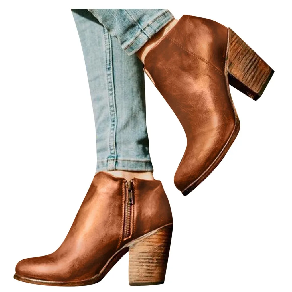 Модные женские Ботинки коричневого цвета на квадратном каблуке Однотонные