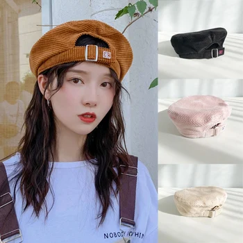

Hat Beret Embroidered Letter Beret Female Autumn Winter Fashion Harajuku Corduroy Solid Color Hat Retro Adjustable Beret