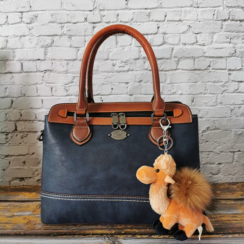 Женская сумка в стиле ретро, сумочка из натуральной кожи, сумка через плечо, роскошные дизайнерские сумки, женская сумка-тоут, высокое качество, Mac a - Цвет: Blue And Camel