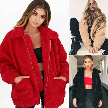 

Women's Winter Warm Teddy Bear Pocket Fluffy Coat Fleece Fur Jacket Outerwear