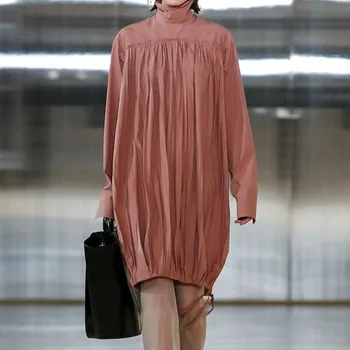 

New Women Loose Dress Pleated Drawstring Long Sleeve Pink Elegant Dresses