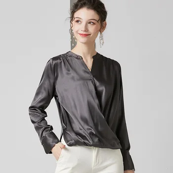 

Stain Pure Silk Blouse Women Long Sleeve Shirts Dark Green Asymmetrical Top High Quality Ladies Tops Gray V Neck Clothes za Top