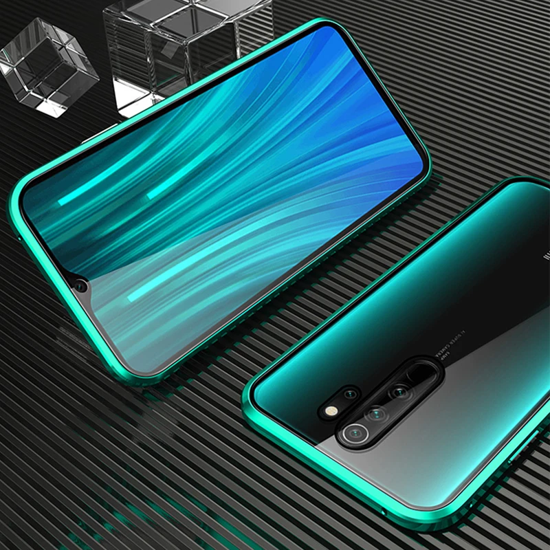 Green Передний+ задний прозрачный стеклянный магнитный металлический чехол для Xiaomi Redmi Note 8 Note 8 Pro, магнитный бампер, роскошный жесткий защитный чехол - Цвет: Green