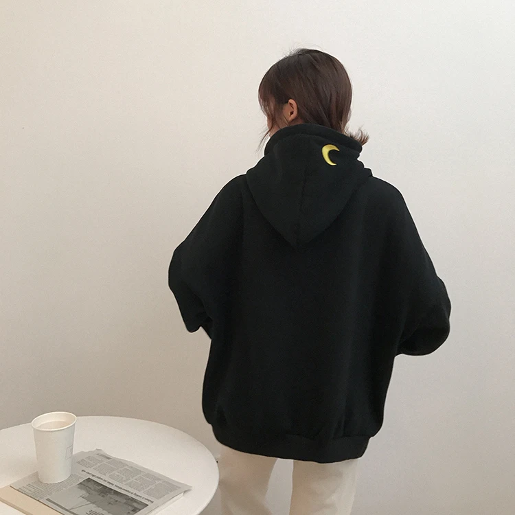 Вышитые Луна кошка розовые толстовки для женщин Kawaii корейский стиль свободная толстовка с капюшоном пуловеры