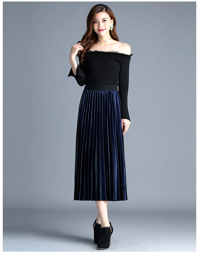 dark blue Плиссированные юбки женские осенние 10 цветов элегантные эластичные, высокая посадка Saia повседневные трапециевидные бархатные до середины икры Женские однотонные миди юбки - Цвет: dark blue