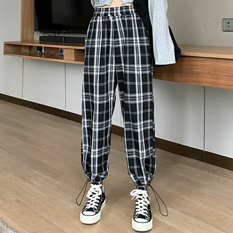 QWEEK Korean Fashion Style Checkered Pants for Women High Waist Plaid Pants Women Casual Chic 2021 Trousers Women Bunch Legs