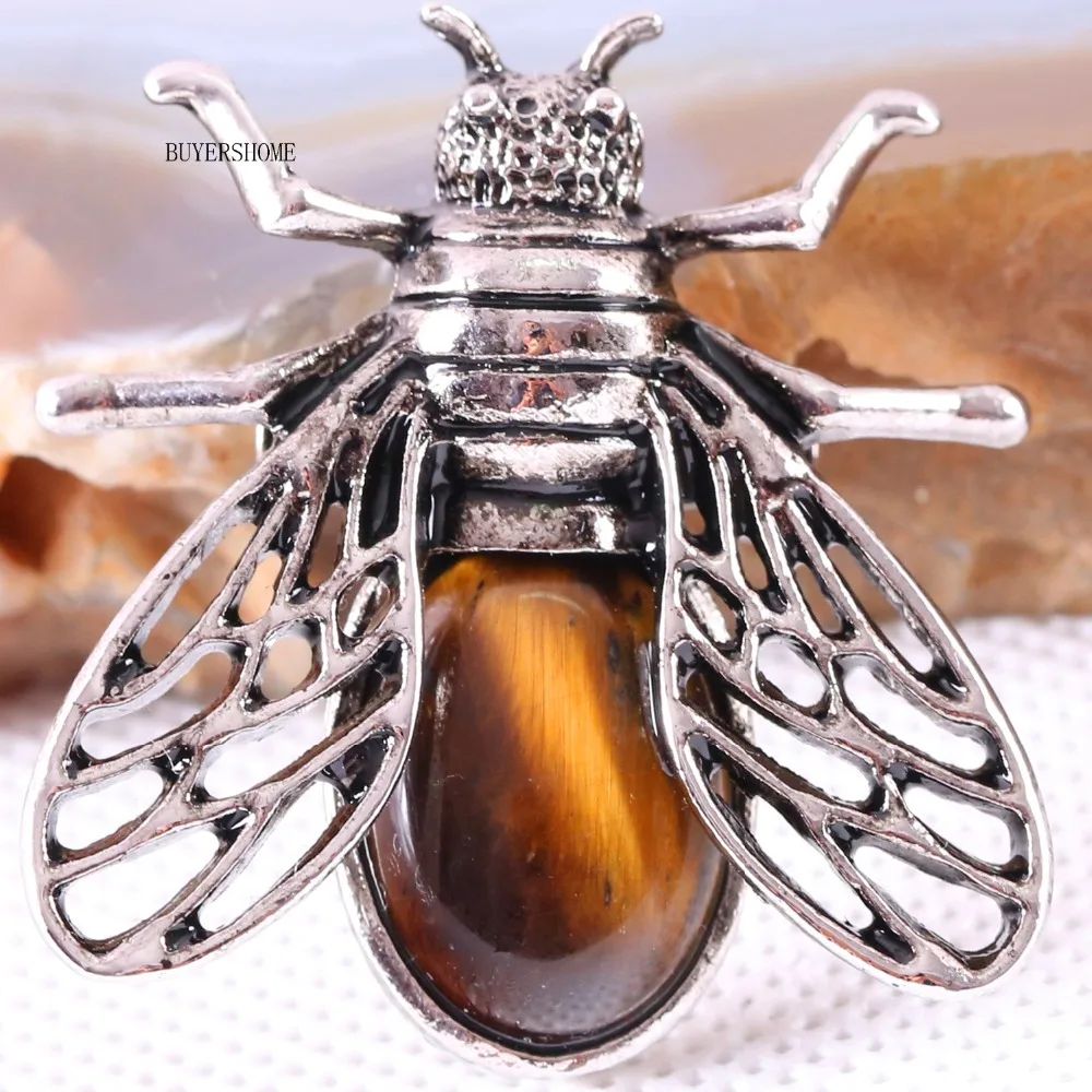 1Pcs Silver Cicada Brooch Natural Stone Pendant Howlite Rhodonite Carnelian Onyx Bead for Men Women DIY Jewelry Making