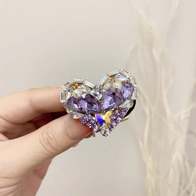 Fashion Rhinestone Heart Elastic Hair Bands Bows Women Girls Luxury Jewelry Head Rope Hair Tie Korean Exquisite Hair Accessories Purple