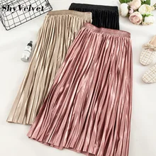 Осенне-зимняя плиссированная бархатная юбка женская юбка с высокой талией длинные металлические юбки модные женские юбки Jupe розовый синий