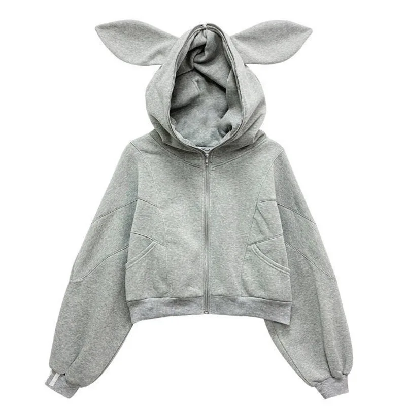 2021 Spring Autumn Kawaii Style Women Hoodies Funny Rabbit Long Ears Hooded Sweatshirt Long Sleeve Casual Zip Up Short Hoodie