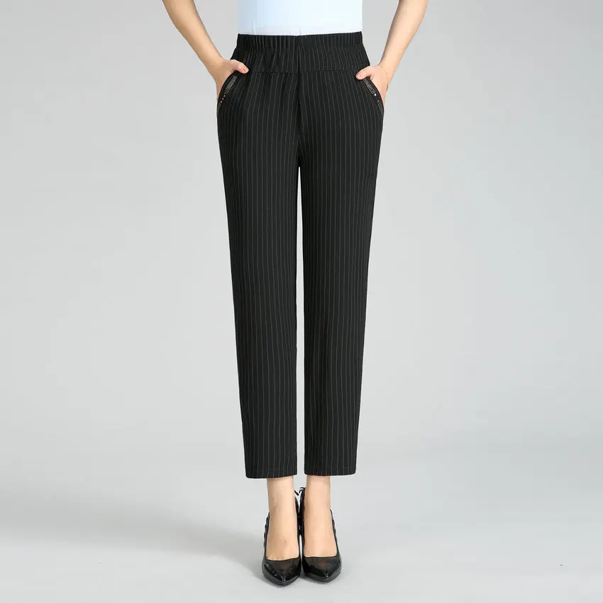 

Spring Summer Women Casual Chiffon Ninth Pants Khkai Black Vertical Stripe Cropped Trouser Maure Woman Elastic Waist Bottoms